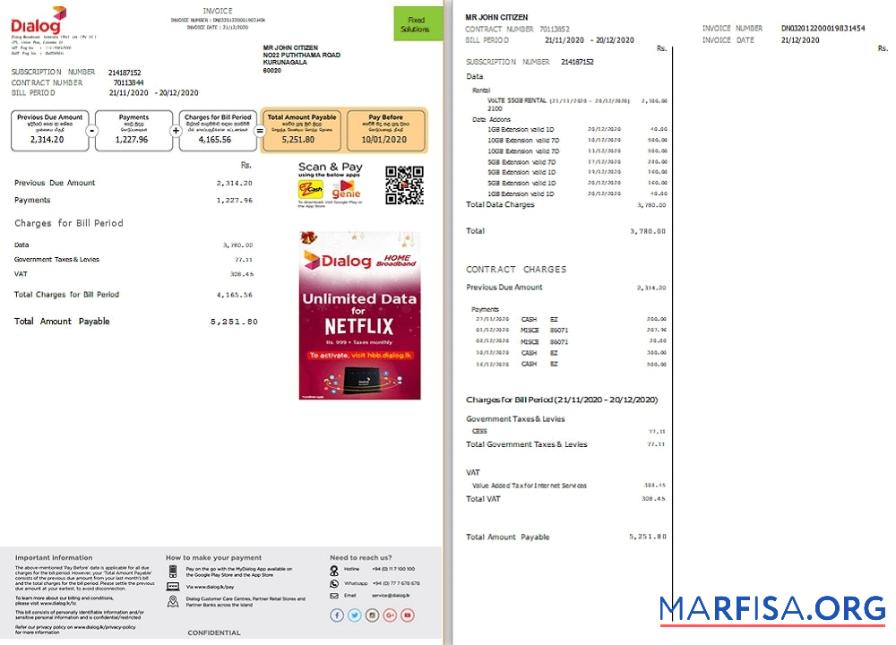 Printable Sri Lanka Dialog utility bill template in Word and PDF format (2 pages)